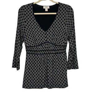 Women's Ann Taylor LOFT 3/4 Sleeve Gray/Blue Polka Dot Ruched Blouse Size Large